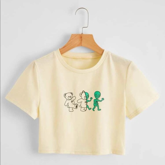 SHEIN Tops - Teddy Bear Turning into Green Alien Cropped Tee NWOT